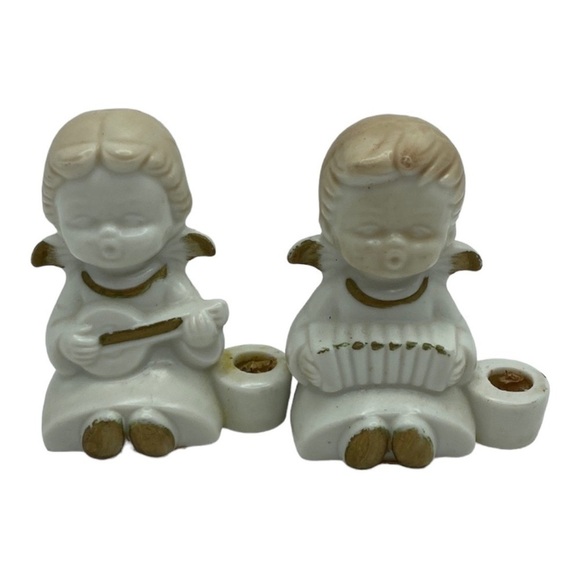 Vintage Porcelain Musical Boy and Girl Angel Candle Holders 2 Piece Set